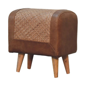 Seagrass & Buffalo Leather Square Footstool | Natural Texture Ottoman | Accent Seating