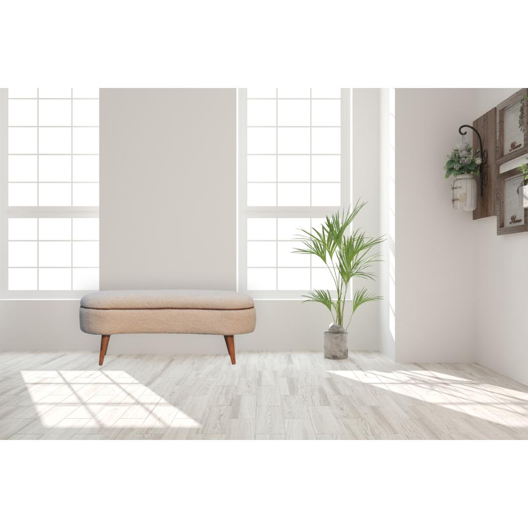 Serenity Bouclé Bench | Solid Mango Wood | Oak-Ish Finish | Buffalo Leather Piping