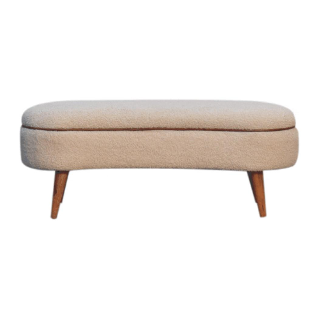 Serenity Bouclé Bench | Solid Mango Wood | Oak-Ish Finish | Buffalo Leather Piping