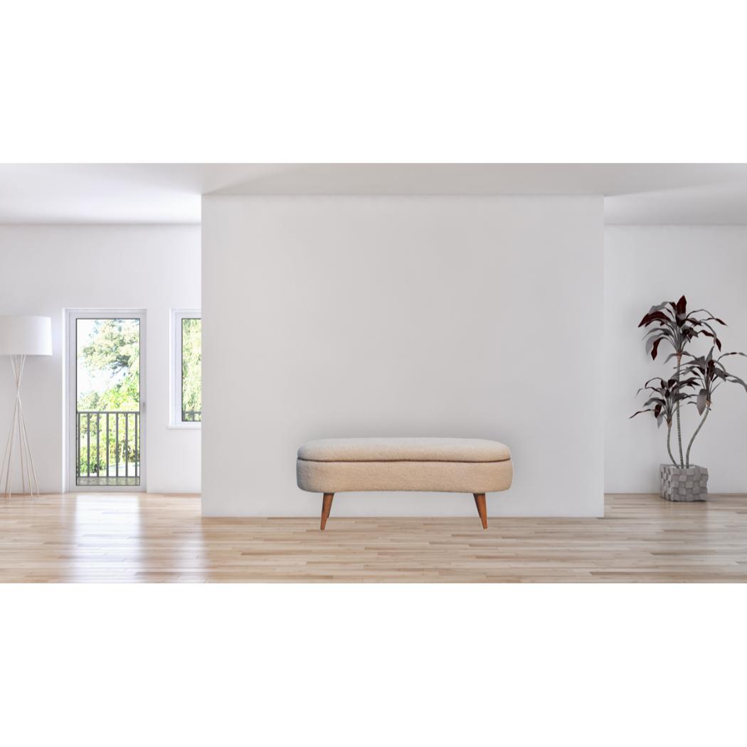 Serenity Bouclé Bench | Solid Mango Wood | Oak-Ish Finish | Buffalo Leather Piping