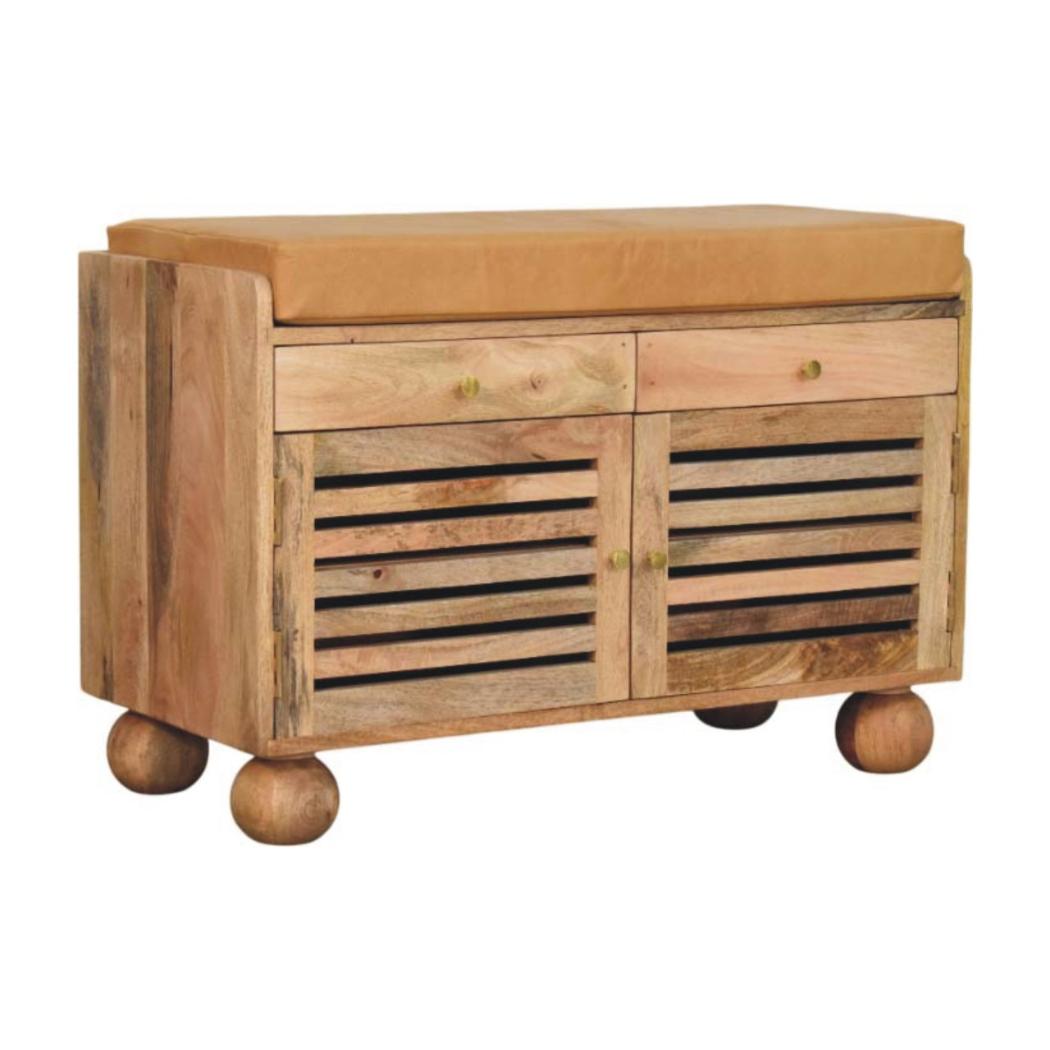 Shutter Shoe Rack | Solid Mango Wood | Oak-ish Finish | 2 Drawers