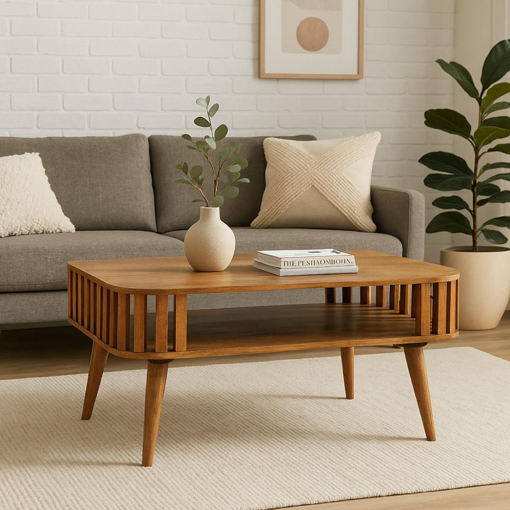 Slatted Coffee Table | Solid Mango Wood | Oak-ish Finish