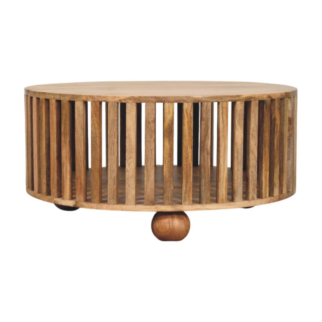 Slatted Round Coffee Table | Solid Mango Wood | Oak-ish Finish