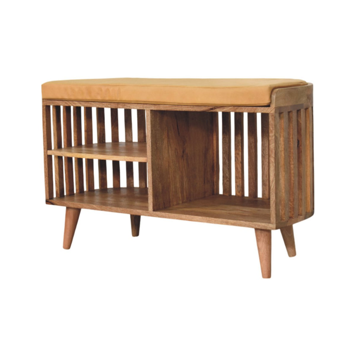 Slatted Storage Bench | Solid Mango Wood | Oak-ish Finish | 3 Open Slots