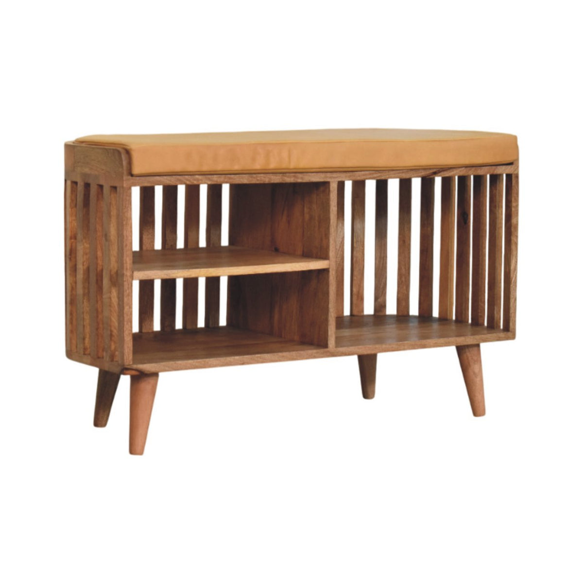 Slatted Storage Bench | Solid Mango Wood | Oak-ish Finish | 3 Open Slots