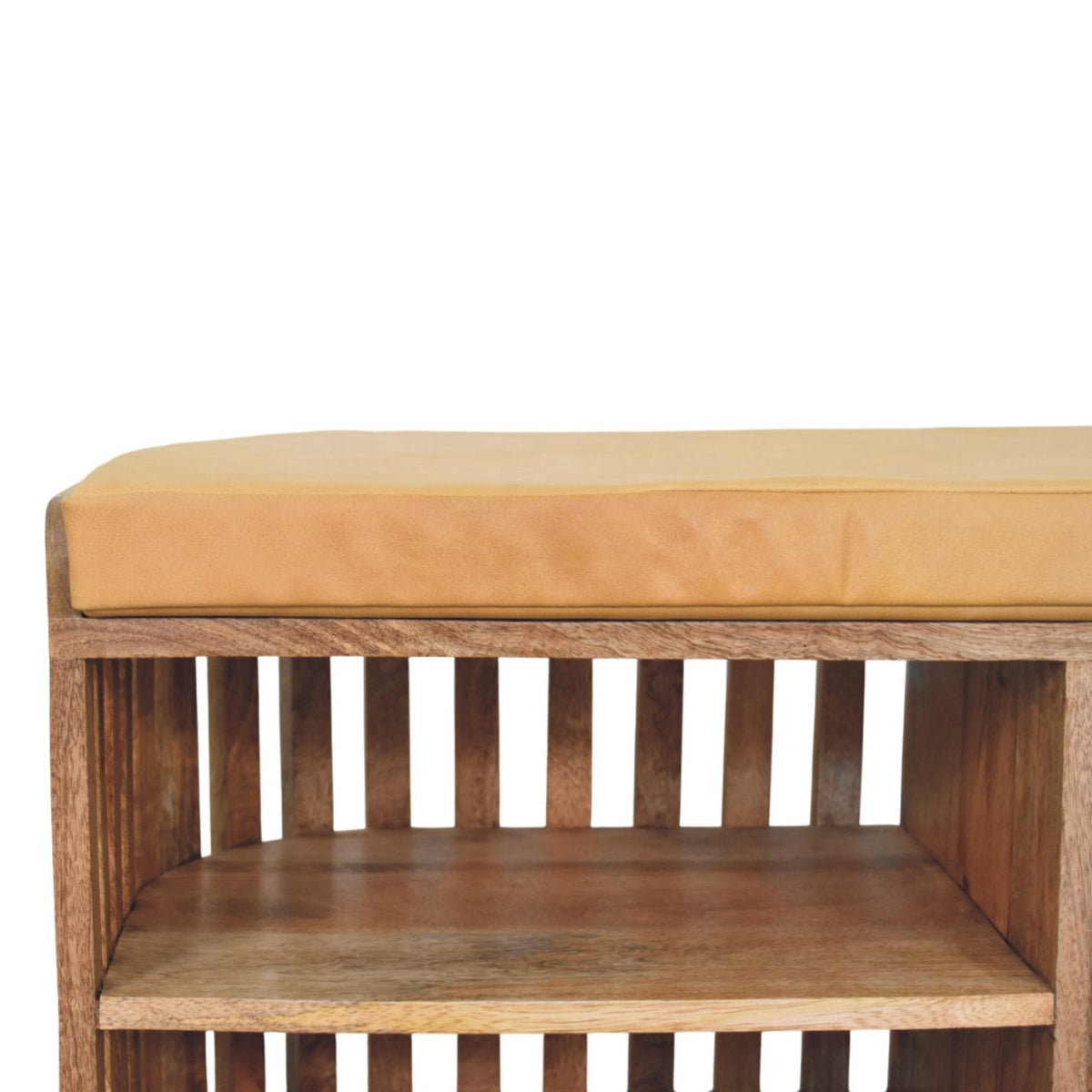 Slatted Storage Bench | Solid Mango Wood | Oak-ish Finish | 3 Open Slots