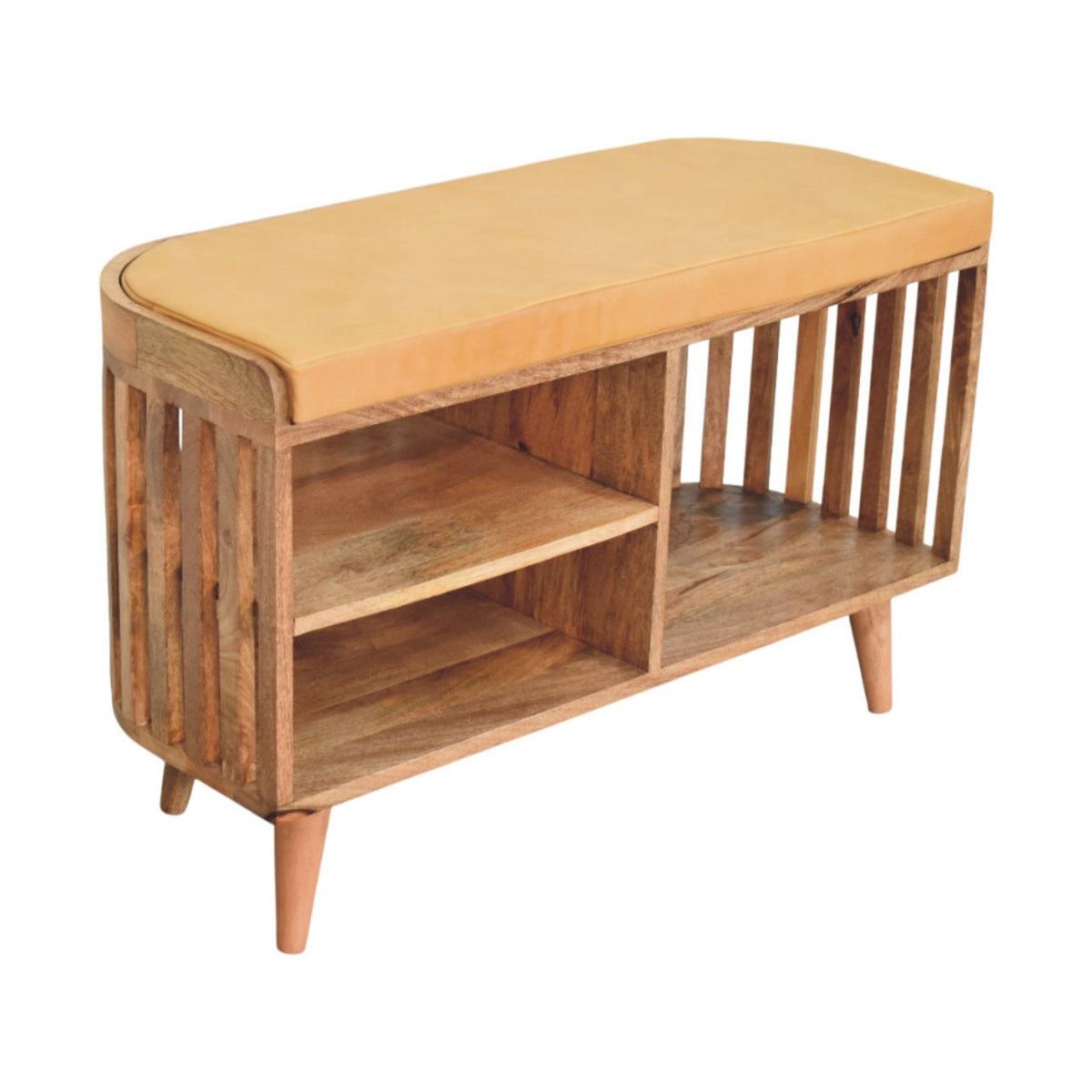 Slatted Storage Bench | Solid Mango Wood | Oak-ish Finish | 3 Open Slots