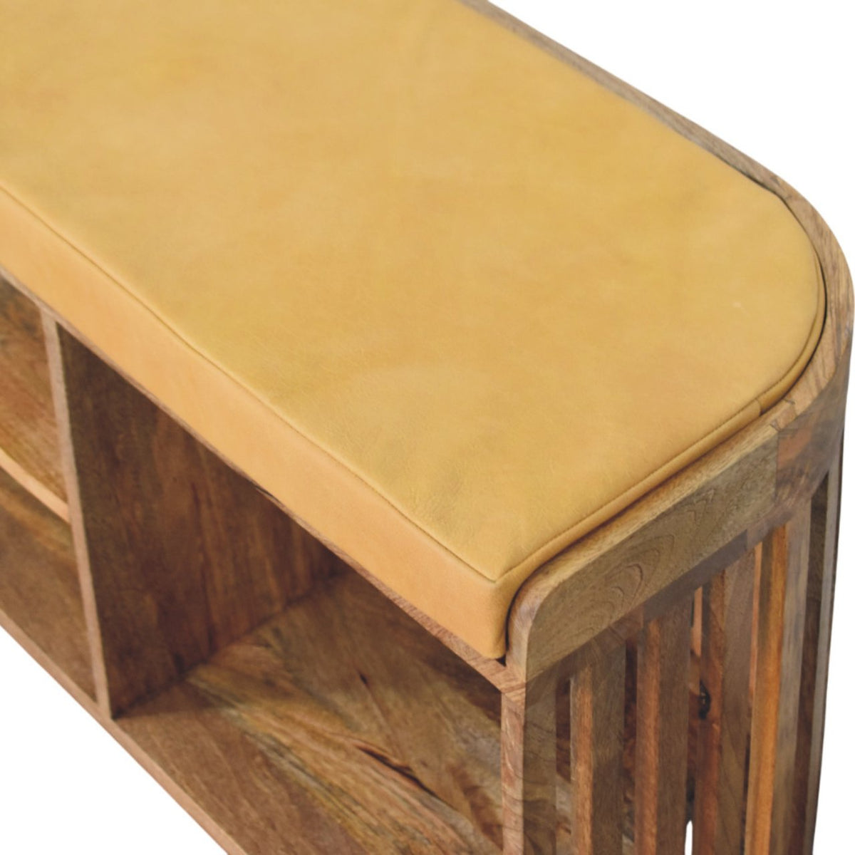 Slatted Storage Bench | Solid Mango Wood | Oak-ish Finish | 3 Open Slots