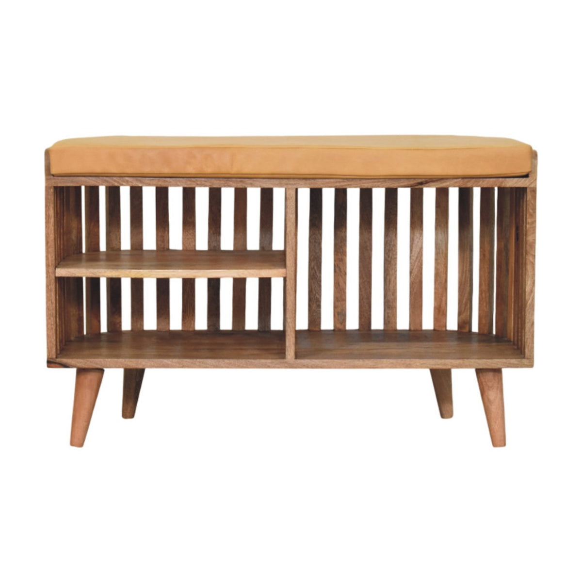 Slatted Storage Bench | Solid Mango Wood | Oak-ish Finish | 3 Open Slots