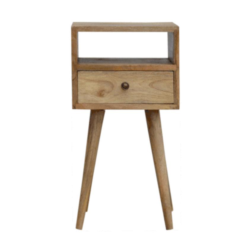 Slimline Mango Wood Bedside Table | Oak-Inspired Finish | Open Shelf & Drawer