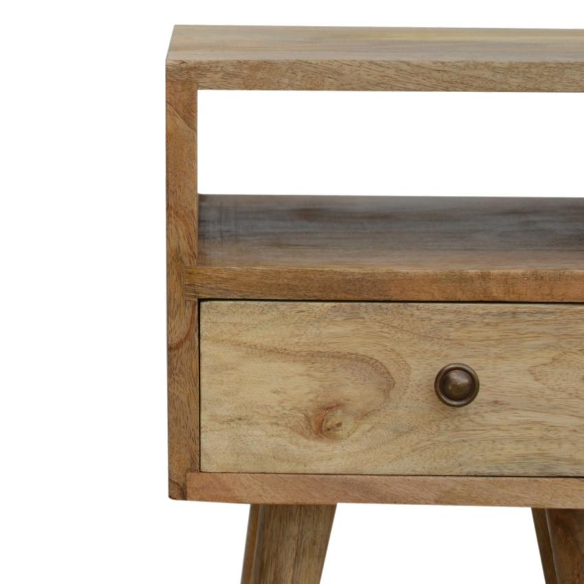 Slimline Mango Wood Bedside Table | Oak-Inspired Finish | Open Shelf & Drawer