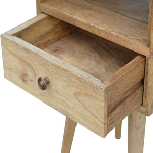 Slimline Mango Wood Bedside Table | Oak-Inspired Finish | Open Shelf & Drawer