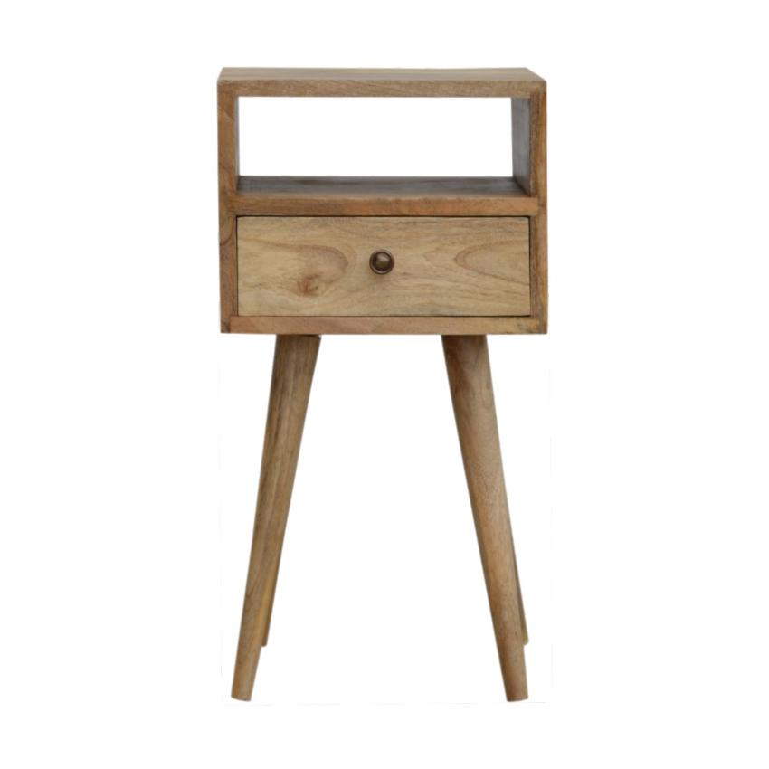 Slimline Mango Wood Bedside Table | Oak-Inspired Finish | Open Shelf & Drawer