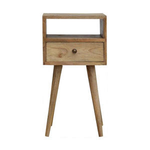 Slimline Mango Wood Bedside Table | Oak-Inspired Finish | Open Shelf & Drawer