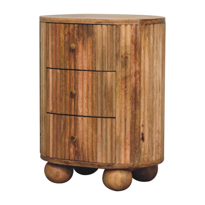 Soba Ball 3 Drawer Bedside Table | Solid Mango Wood | Chestnut Storage