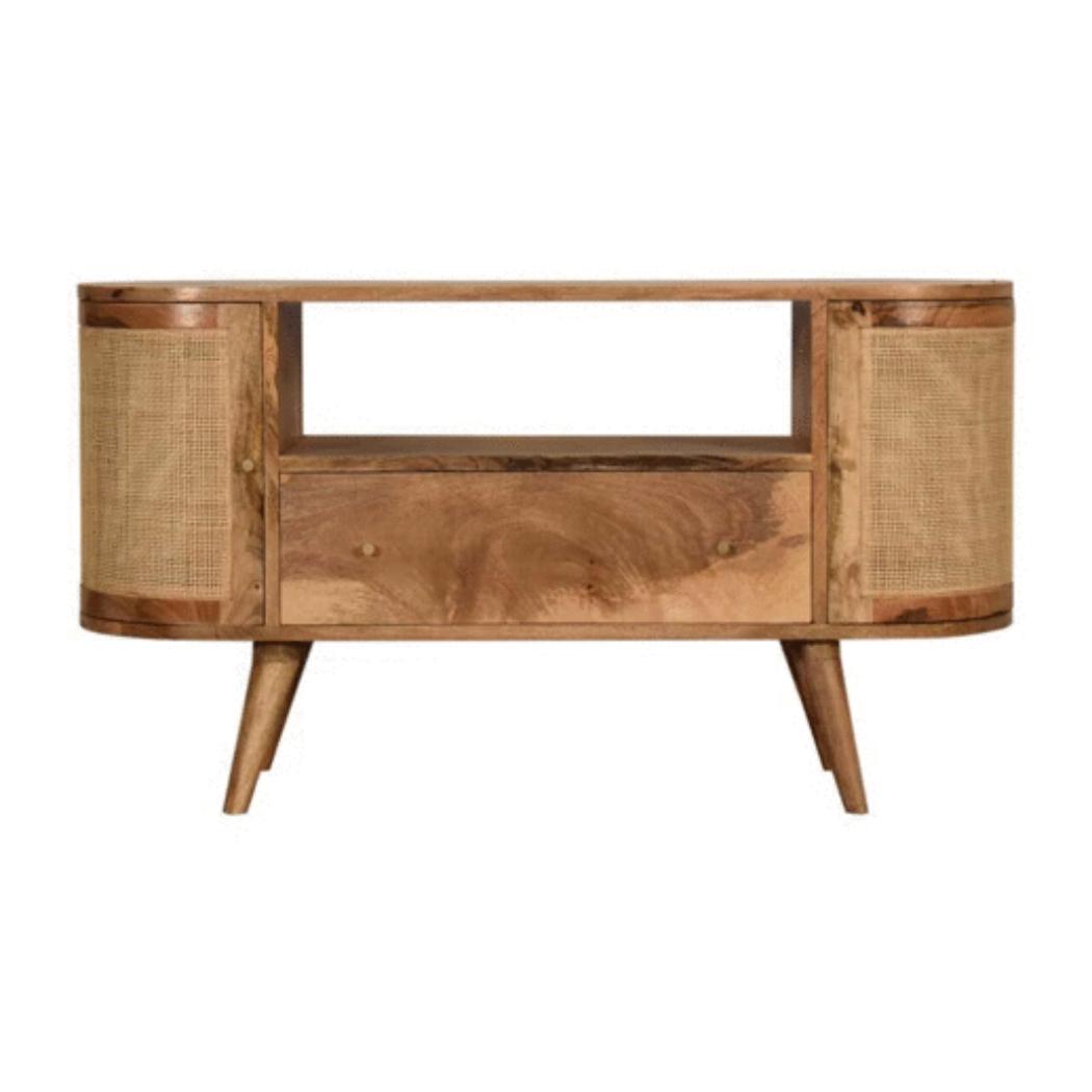 Sofia Woven Door Media Unit | Solid Mango Wood | Oak Finish | 2 Doors, 1 Drawer & Open Shelf