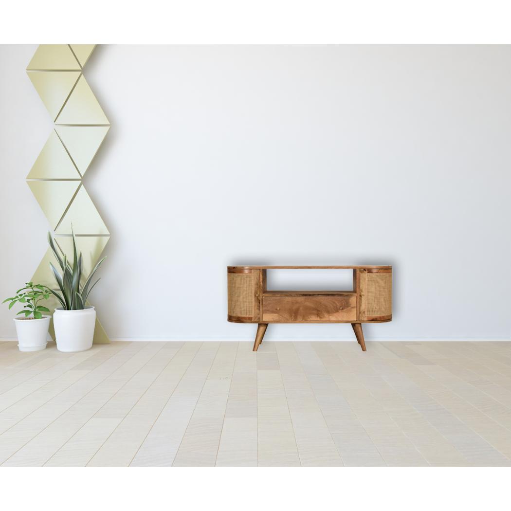 Sofia Woven Door Media Unit | Solid Mango Wood | Oak Finish | 2 Doors, 1 Drawer & Open Shelf