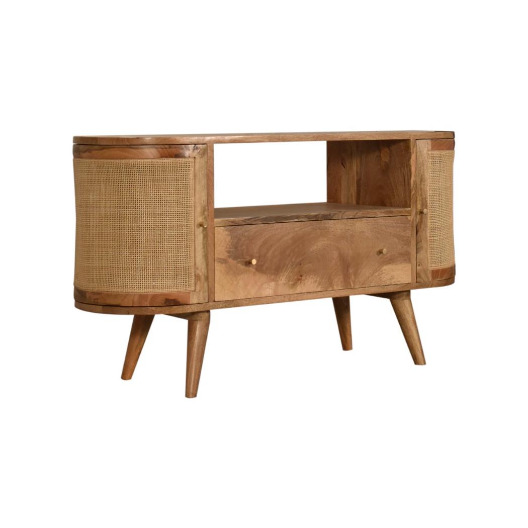 Sofia Woven Door Media Unit | Solid Mango Wood | Oak Finish | 2 Doors, 1 Drawer & Open Shelf