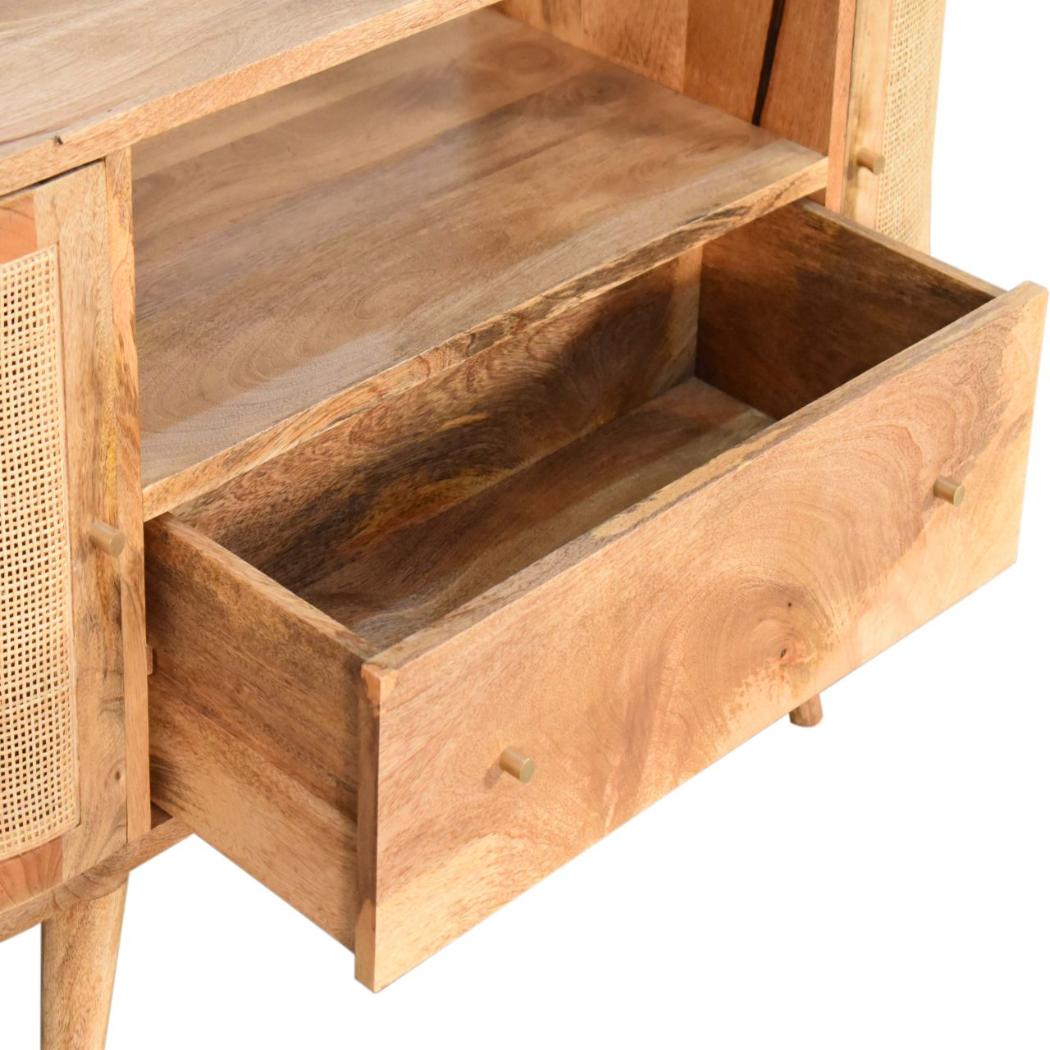 Sofia Woven Door Media Unit | Solid Mango Wood | Oak Finish | 2 Doors, 1 Drawer & Open Shelf