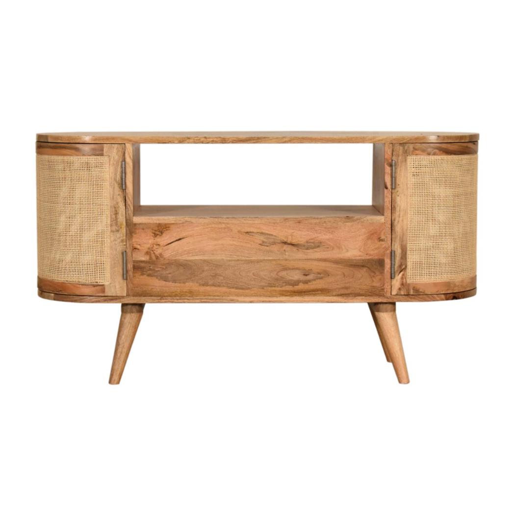 Sofia Woven Door Media Unit | Solid Mango Wood | Oak Finish | 2 Doors, 1 Drawer & Open Shelf