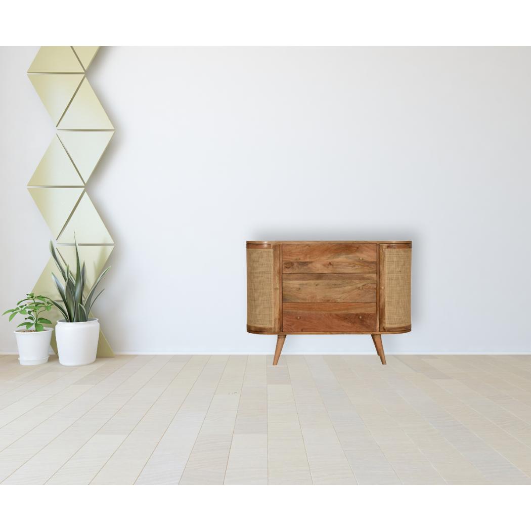 Sofia Woven Door Storage Cabinet | Solid Mango Wood | Oak Finish | 2 Doors & 3 Drawers