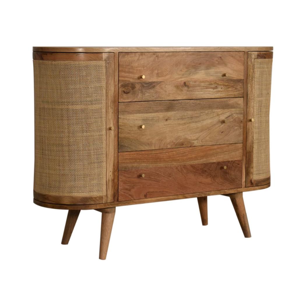 Sofia Woven Door Storage Cabinet | Solid Mango Wood | Oak Finish | 2 Doors & 3 Drawers