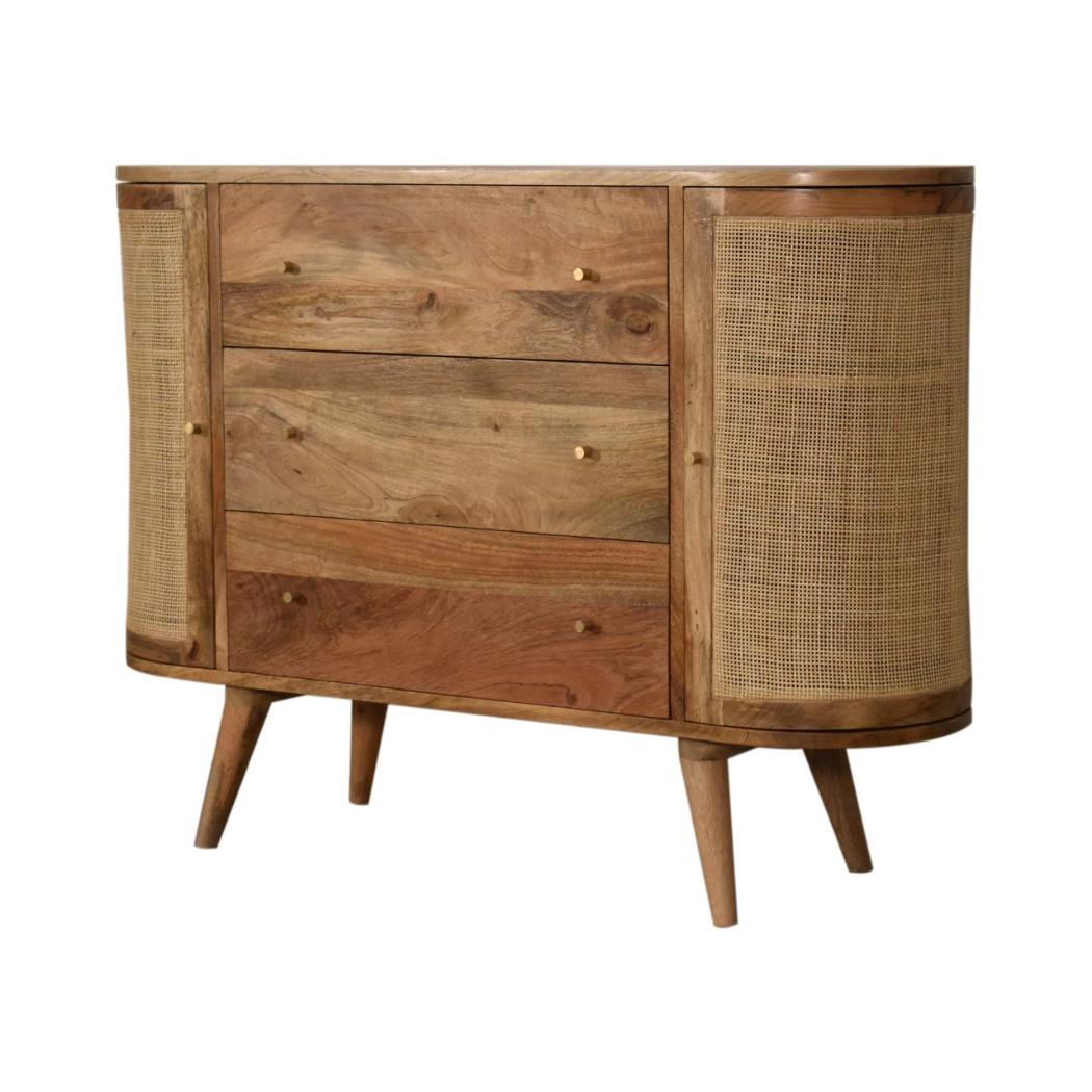 Sofia Woven Door Storage Cabinet | Solid Mango Wood | Oak Finish | 2 Doors & 3 Drawers