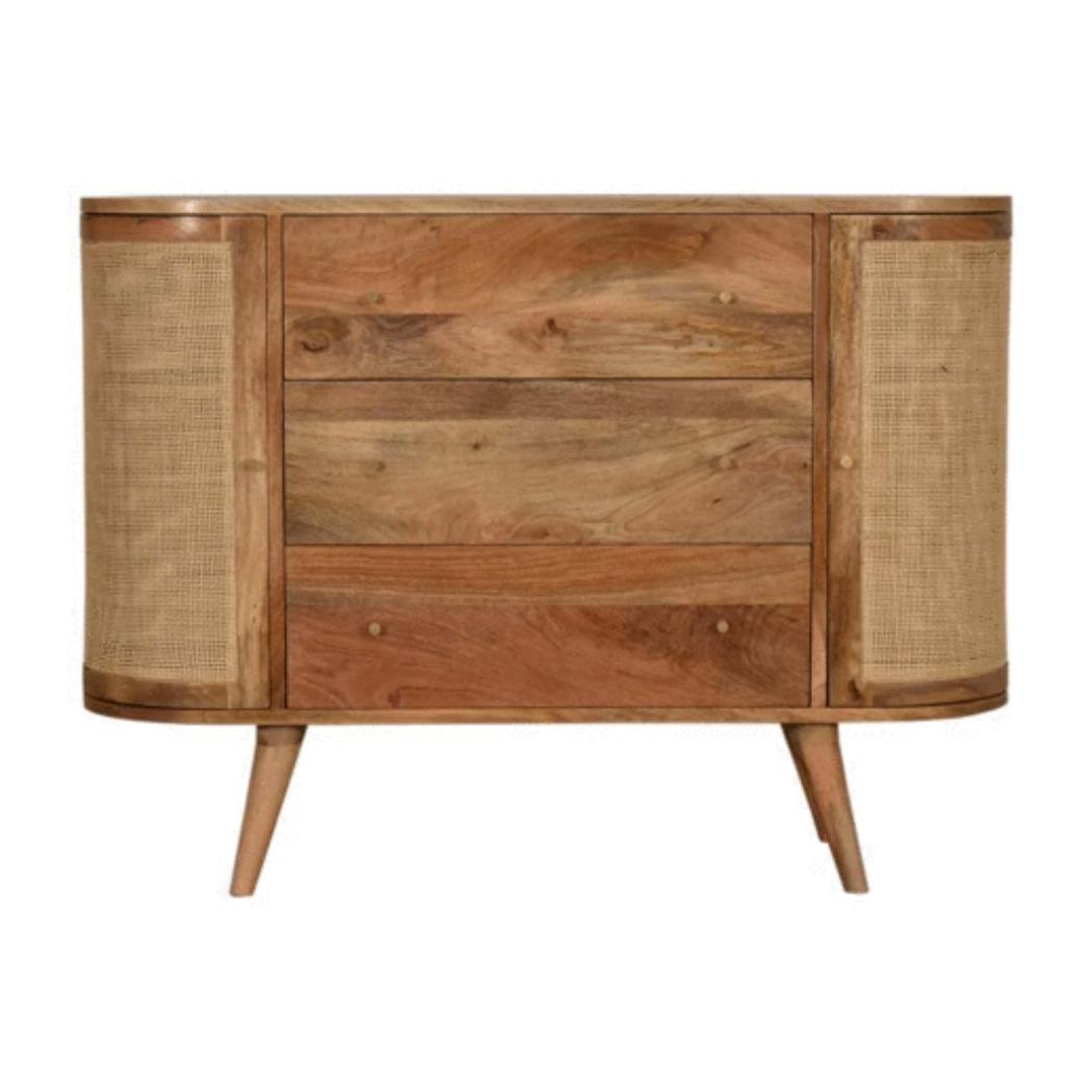 Sofia Woven Door Storage Cabinet | Solid Mango Wood | Oak Finish | 2 Doors & 3 Drawers