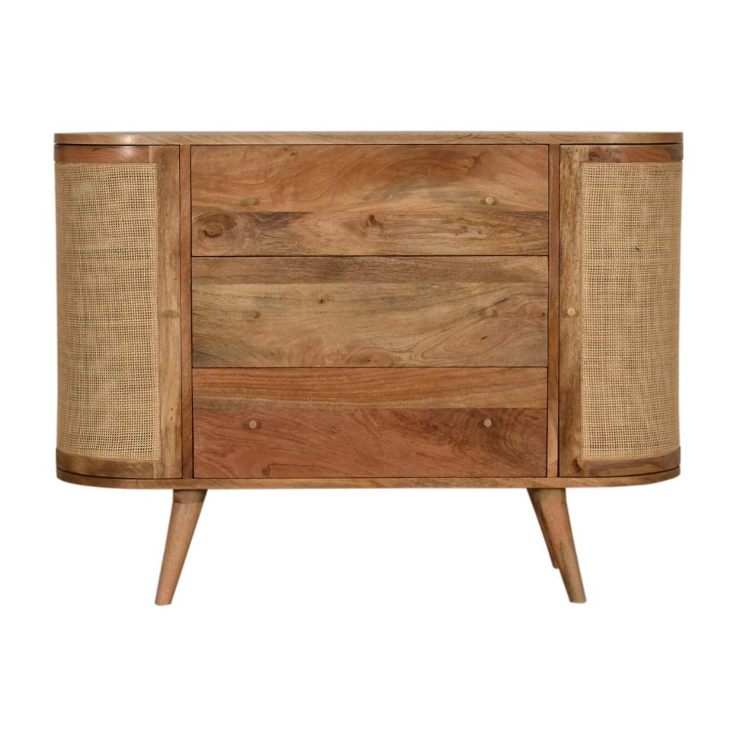 Sofia Woven Door Storage Cabinet | Solid Mango Wood | Oak Finish | 2 Doors & 3 Drawers