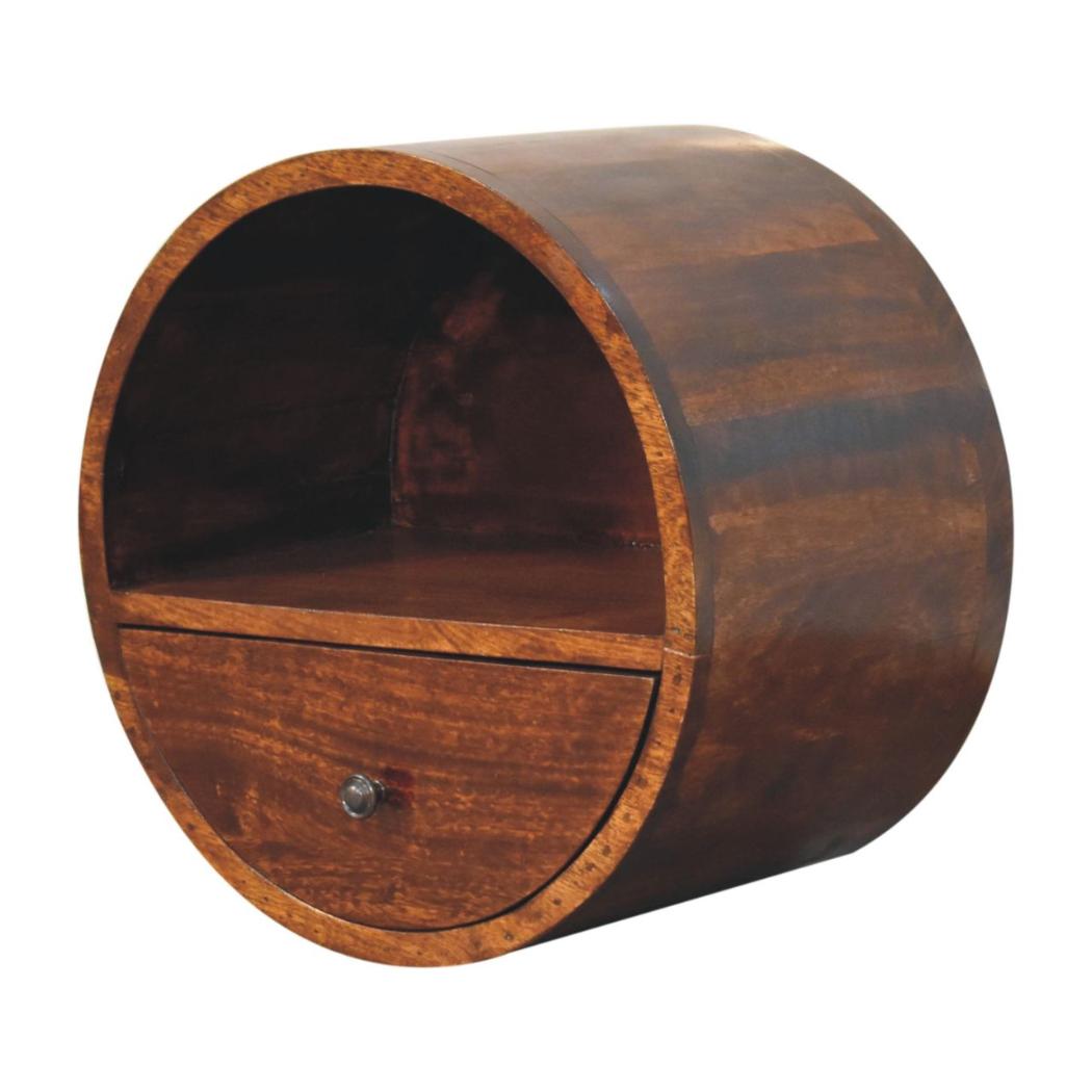 Solara Floating Round Bedside Table | Solid Wood | Chestnut Finish | Drawer & Open Shelf