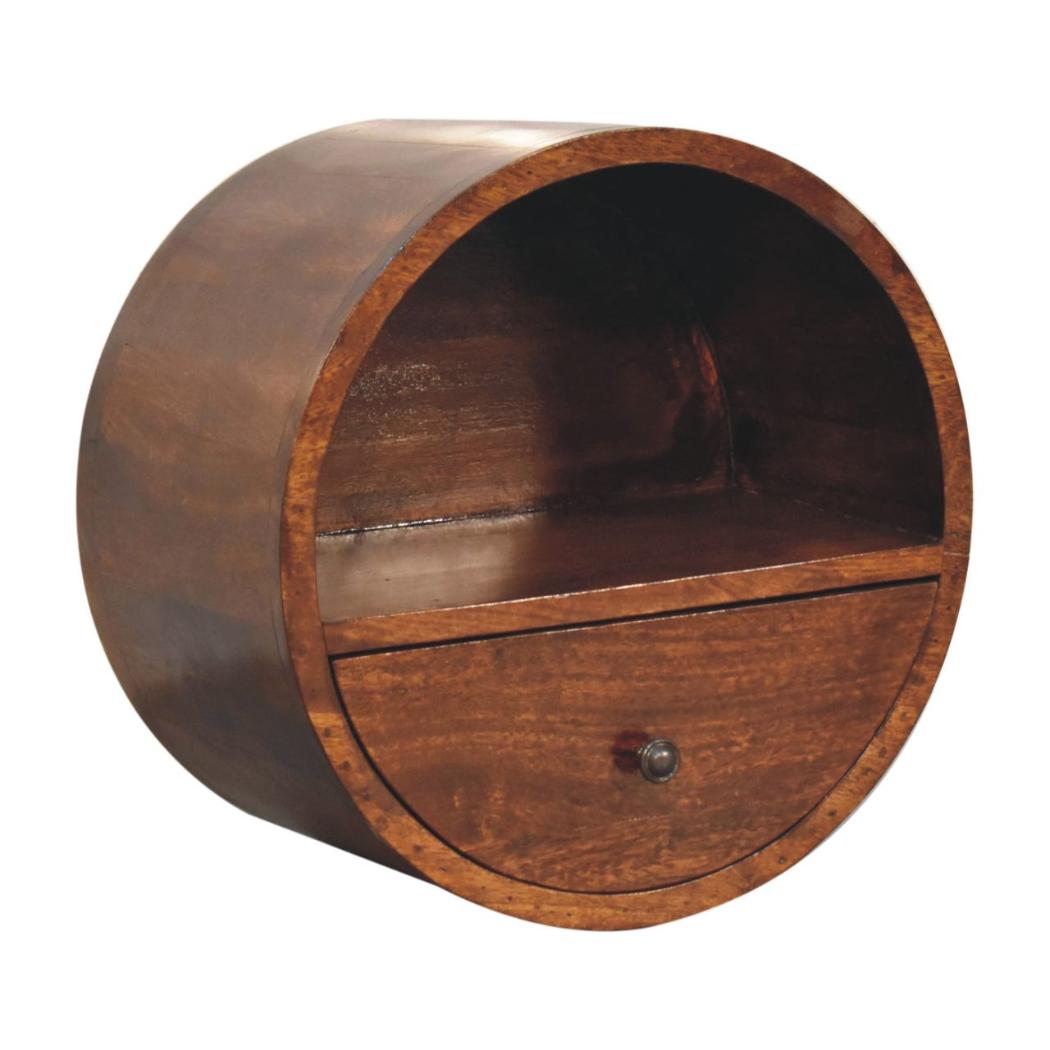 Solara Floating Round Bedside Table | Solid Wood | Chestnut Finish | Drawer & Open Shelf