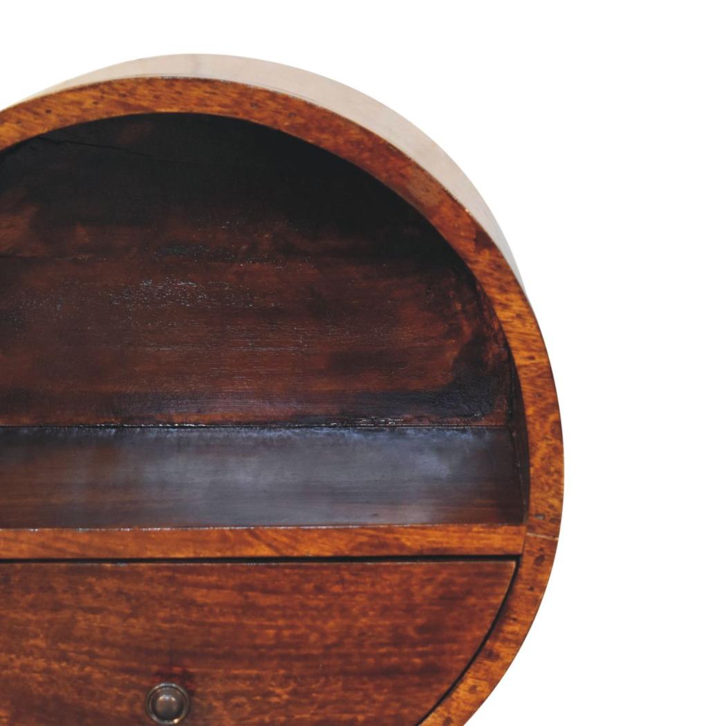 Solara Floating Round Bedside Table | Solid Wood | Chestnut Finish | Drawer & Open Shelf