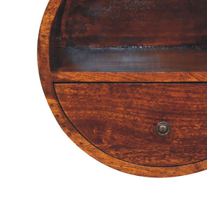 Solara Floating Round Bedside Table | Solid Wood | Chestnut Finish | Drawer & Open Shelf