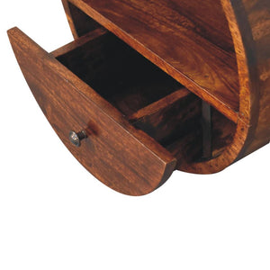 Solara Floating Round Bedside Table | Solid Wood | Chestnut Finish | Drawer & Open Shelf