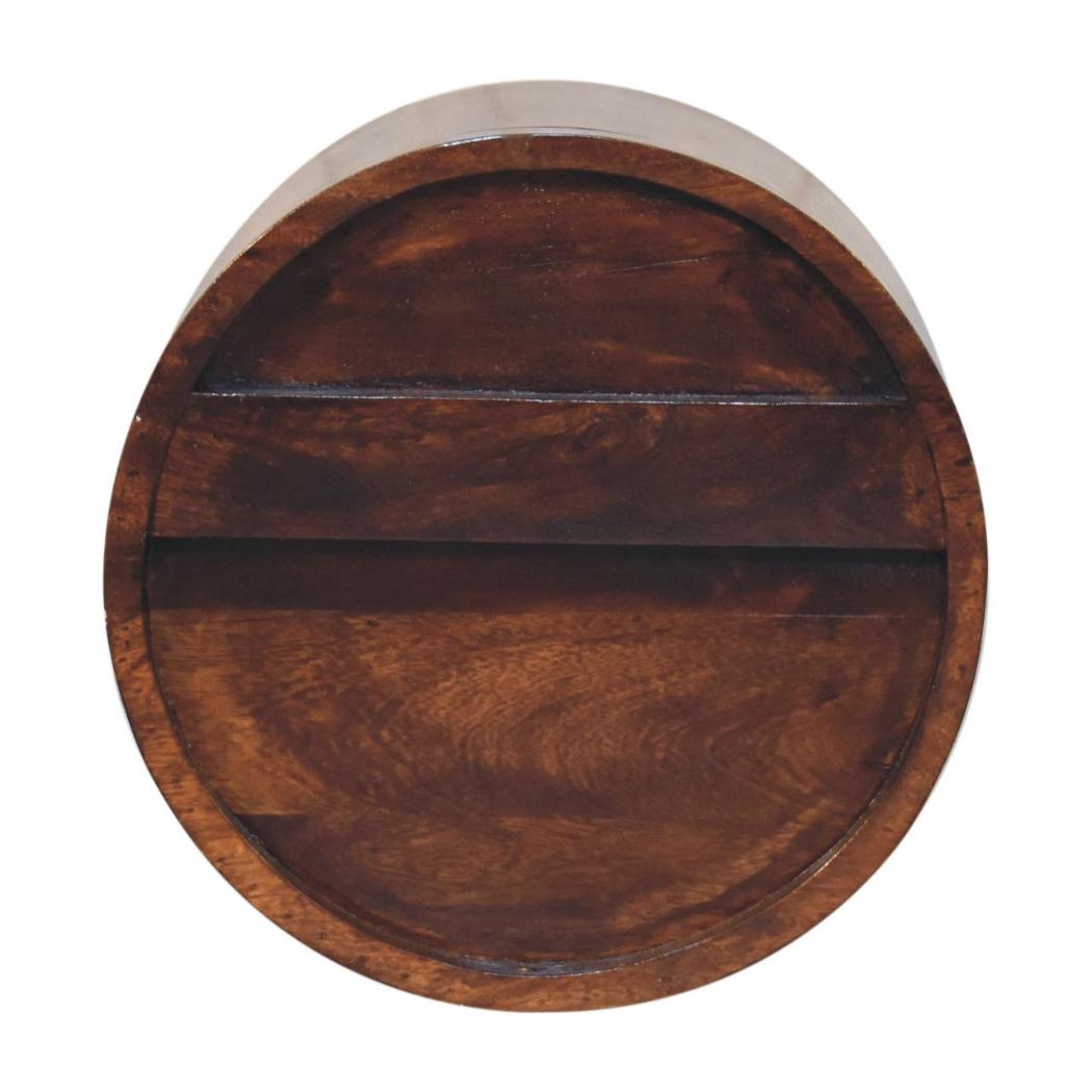 Solara Floating Round Bedside Table | Solid Wood | Chestnut Finish | Drawer & Open Shelf
