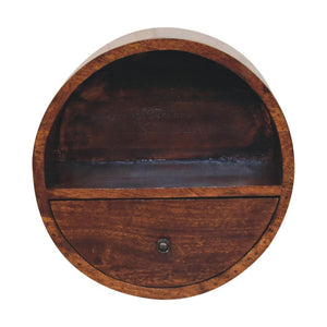 Solara Floating Round Bedside Table | Solid Wood | Chestnut Finish | Drawer & Open Shelf