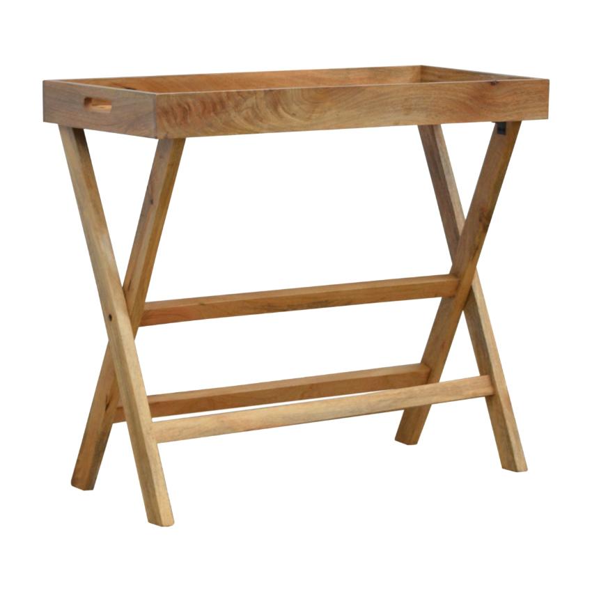 Solid Mango Wood Butler Tray Table | Oak-Inspired Finish | Foldable Stand