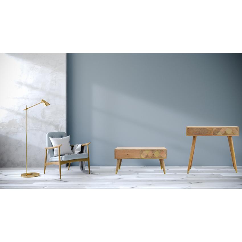 Solid Mango Wood Coffee Table | 4 Drawers | Oak-Style Finish & Brass Inlay