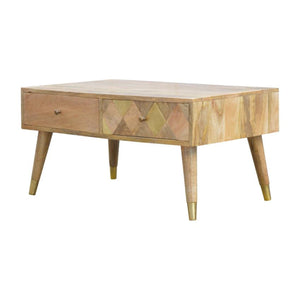 Solid Mango Wood Coffee Table | 4 Drawers | Oak-Style Finish & Brass Inlay