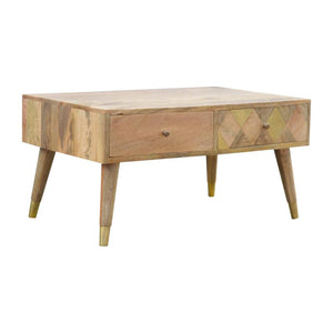 Solid Mango Wood Coffee Table | 4 Drawers | Oak-Style Finish & Brass Inlay