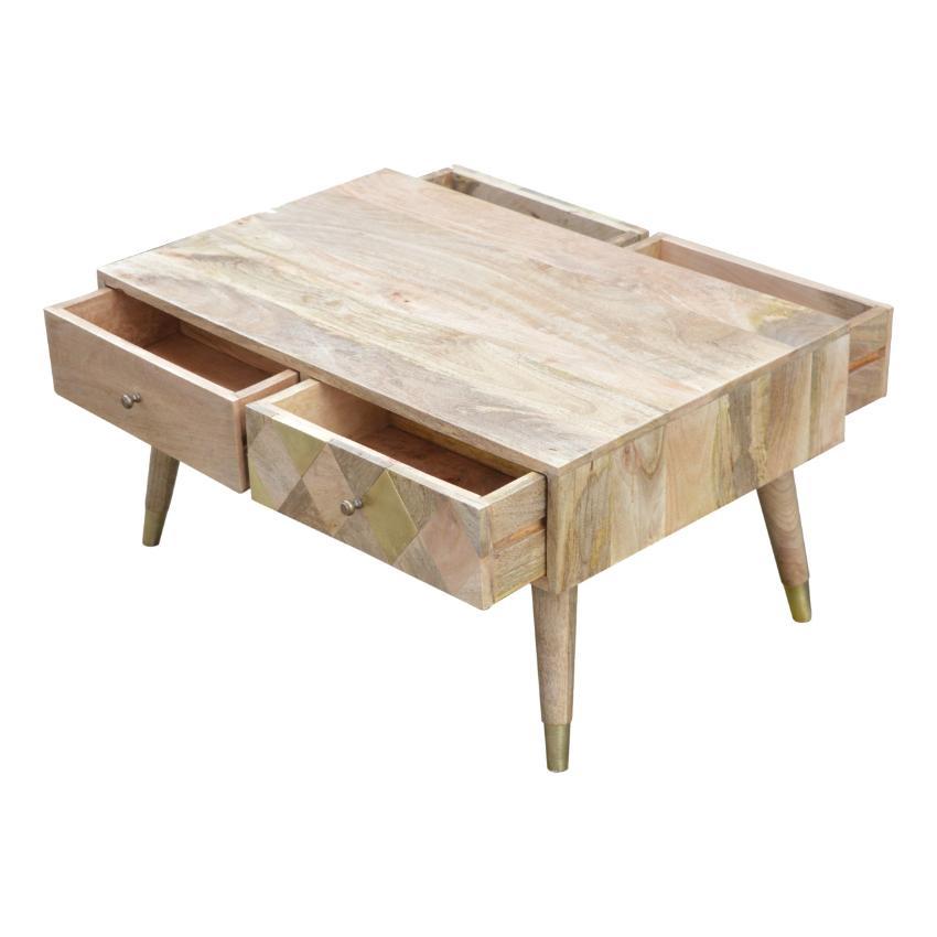 Solid Mango Wood Coffee Table | 4 Drawers | Oak-Style Finish & Brass Inlay