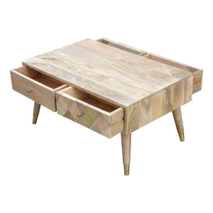 Solid Mango Wood Coffee Table | 4 Drawers | Oak-Style Finish & Brass Inlay