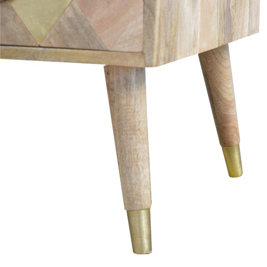 Solid Mango Wood Coffee Table | 4 Drawers | Oak-Style Finish & Brass Inlay