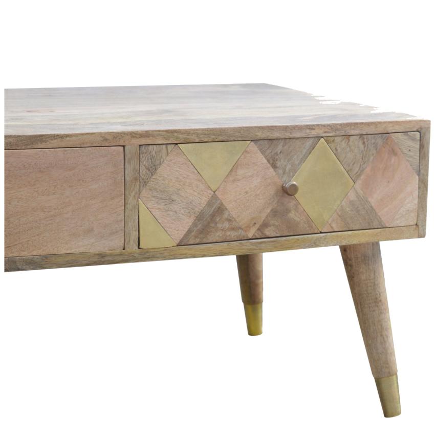 Solid Mango Wood Coffee Table | 4 Drawers | Oak-Style Finish & Brass Inlay