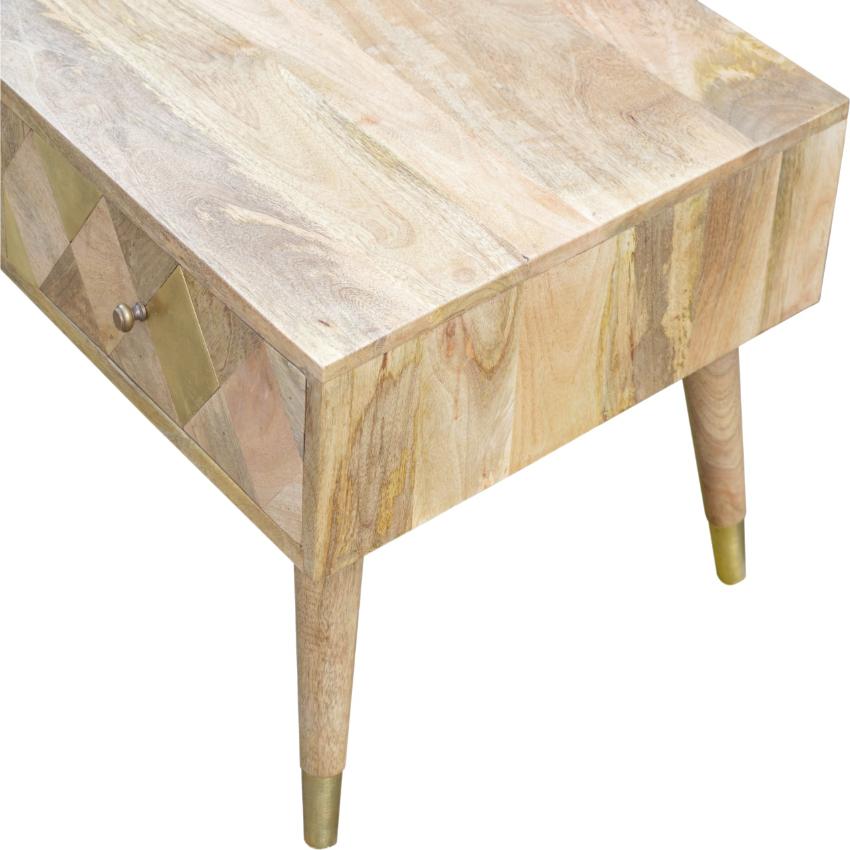Solid Mango Wood Coffee Table | 4 Drawers | Oak-Style Finish & Brass Inlay