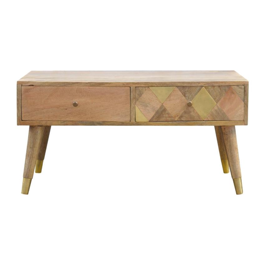 Solid Mango Wood Coffee Table | 4 Drawers | Oak-Style Finish & Brass Inlay