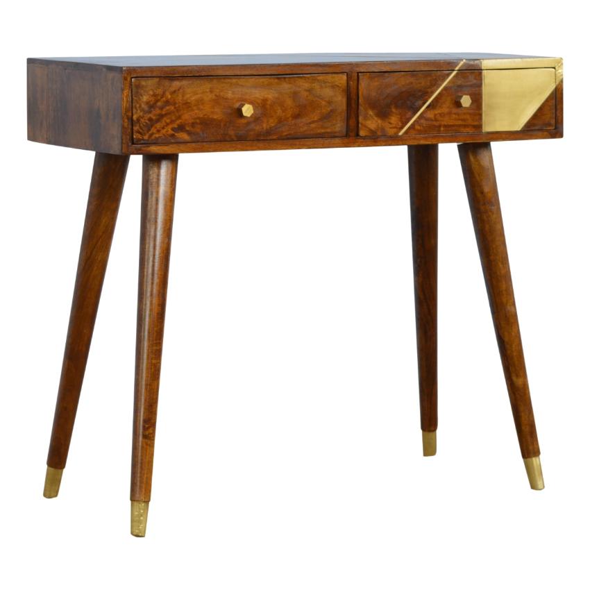 Solid Mango Wood Console Table | Chestnut Finish | Geometric Brass Detail