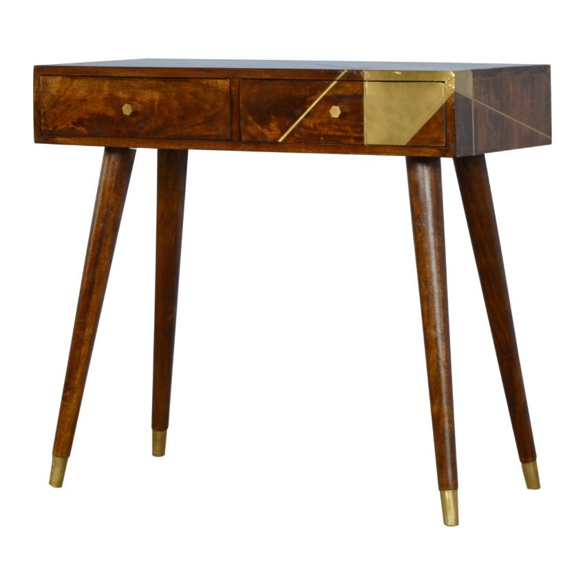Solid Mango Wood Console Table | Chestnut Finish | Geometric Brass Detail