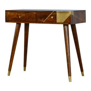 Solid Mango Wood Console Table | Chestnut Finish | Geometric Brass Detail