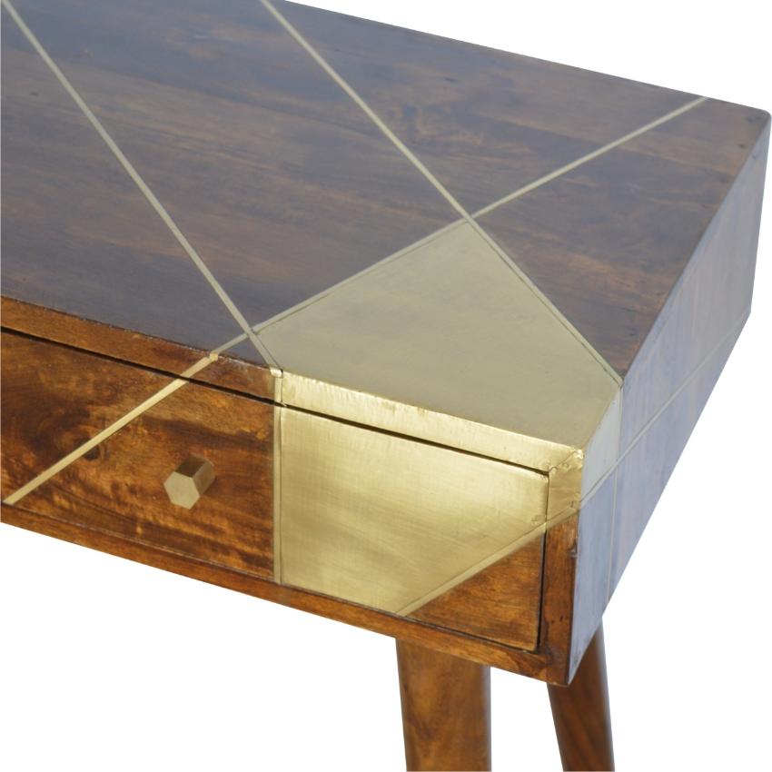 Solid Mango Wood Console Table | Chestnut Finish | Geometric Brass Detail
